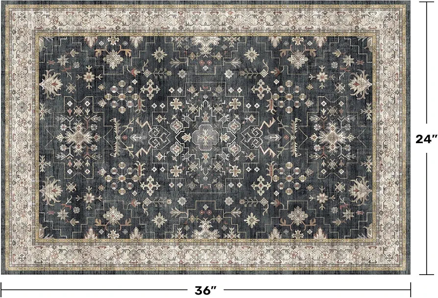 Ashen Charcoal Floral Washable 2x3 Entryway Rug with Non-Slip Rubber Backing