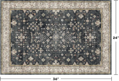 Ashen Charcoal Floral Washable 2x3 Entryway Rug with Non-Slip Rubber Backing