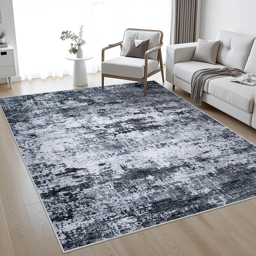Black Modern Abstract Washable 5x7 Area Rug - Non-Slip Soft Indoor Carpet for Living Room, Bedroom, and Office