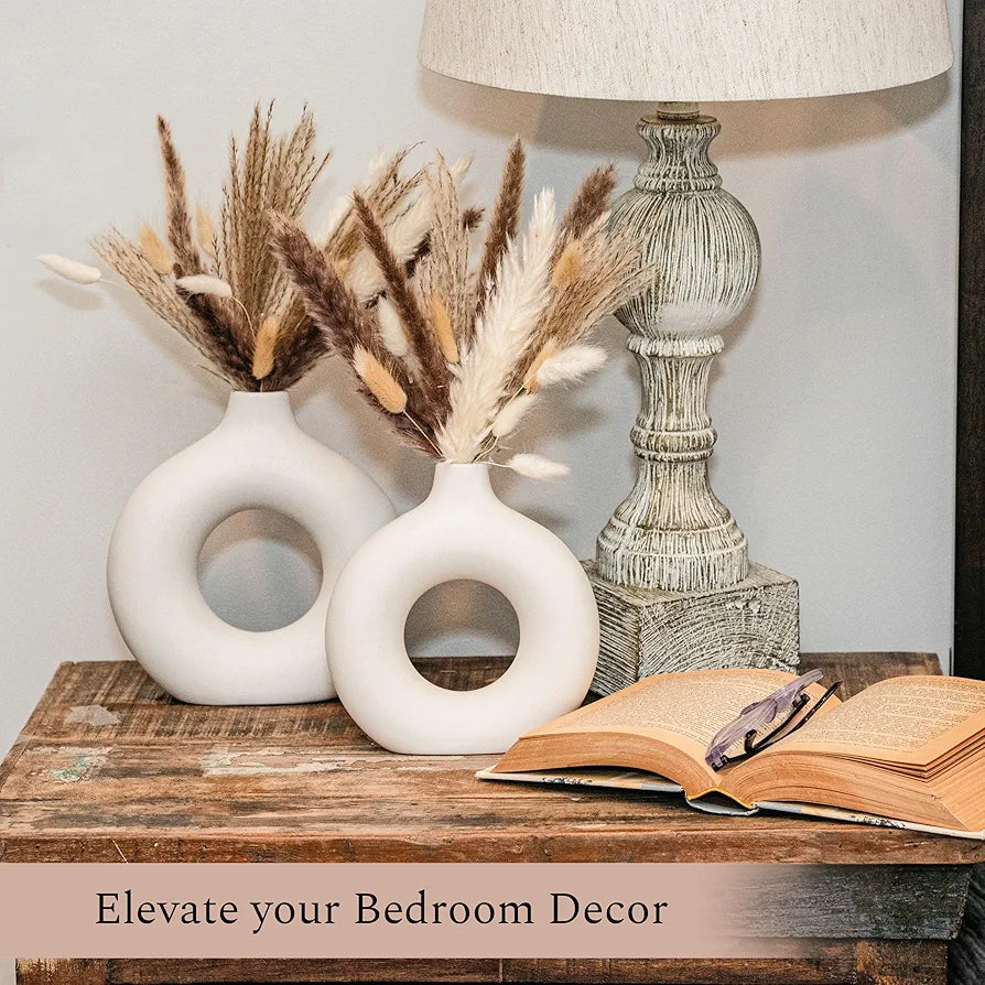 VELOVA Set of 3 White Ceramic Vases with 65-Piece Dried Pampas Grass Boho Decor Set