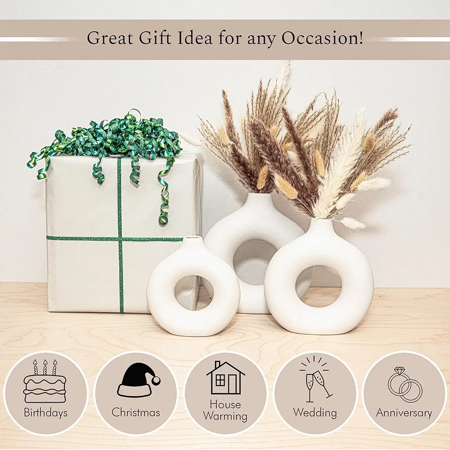 VELOVA Set of 3 White Ceramic Vases with 65-Piece Dried Pampas Grass Boho Decor Set