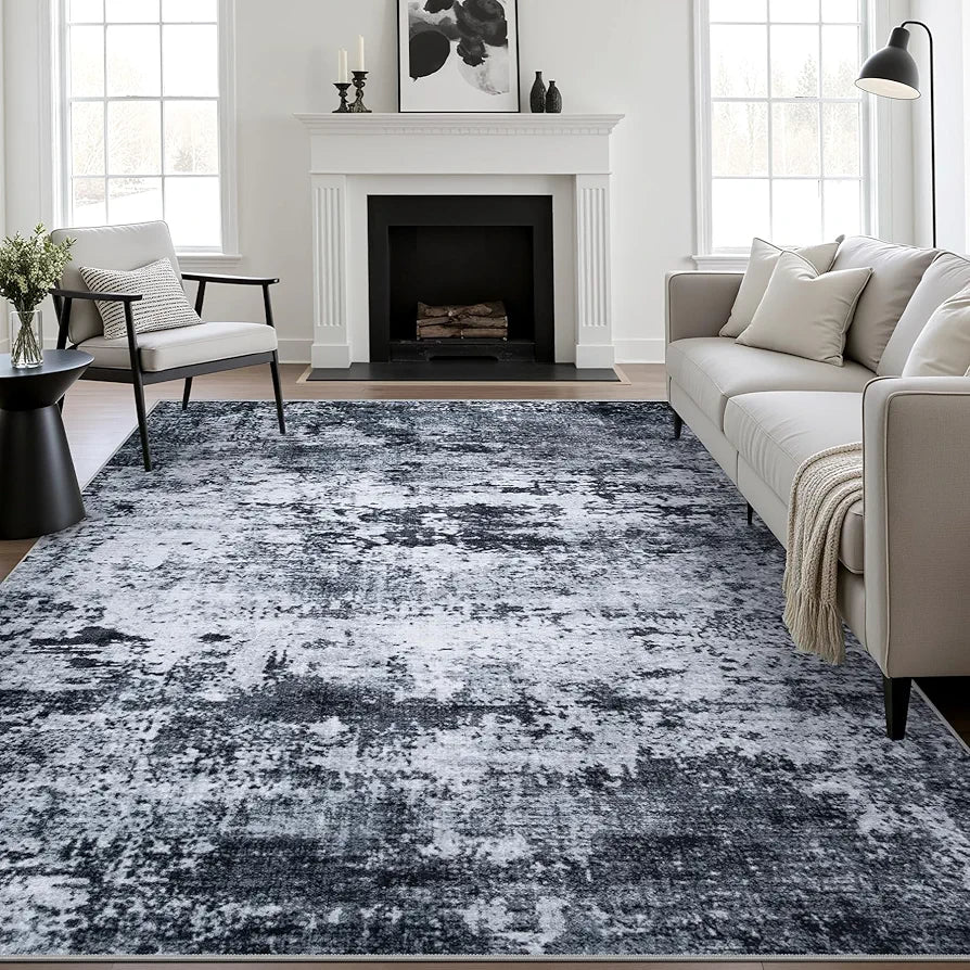 Black Modern Abstract Washable 5x7 Area Rug - Non-Slip Soft Indoor Carpet for Living Room, Bedroom, and Office