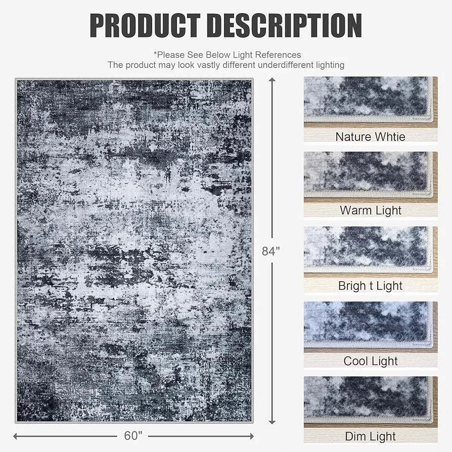 Black Modern Abstract Washable 5x7 Area Rug - Non-Slip Soft Indoor Carpet for Living Room, Bedroom, and Office
