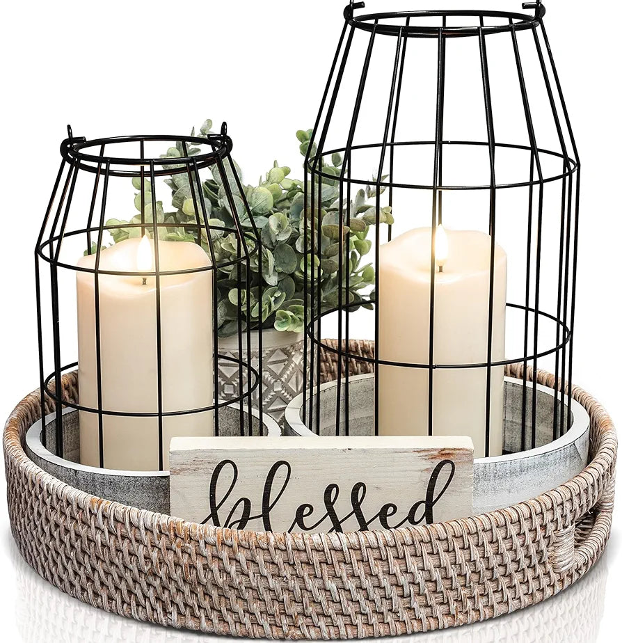 Rustic Farmhouse Decorative Lanterns - Set of 2
