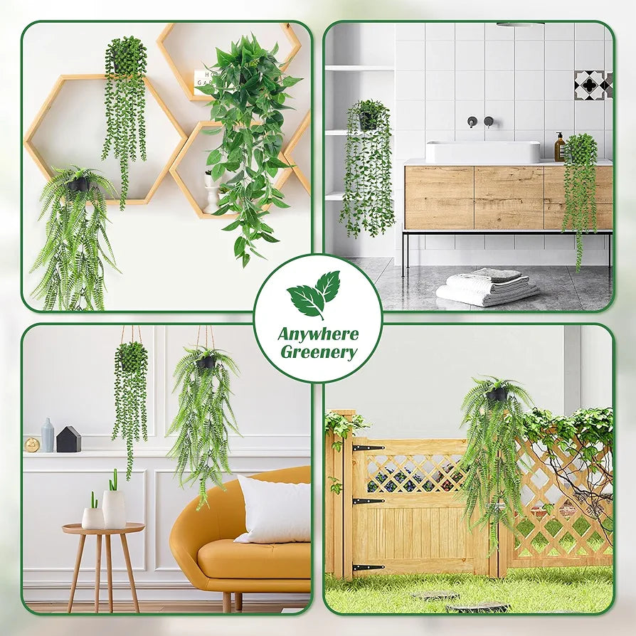 4-Piece Artificial Hanging Plant Set: Ivy, Eucalyptus, Boston Fern, and String of Pearls for Indoor and Outdoor Decor