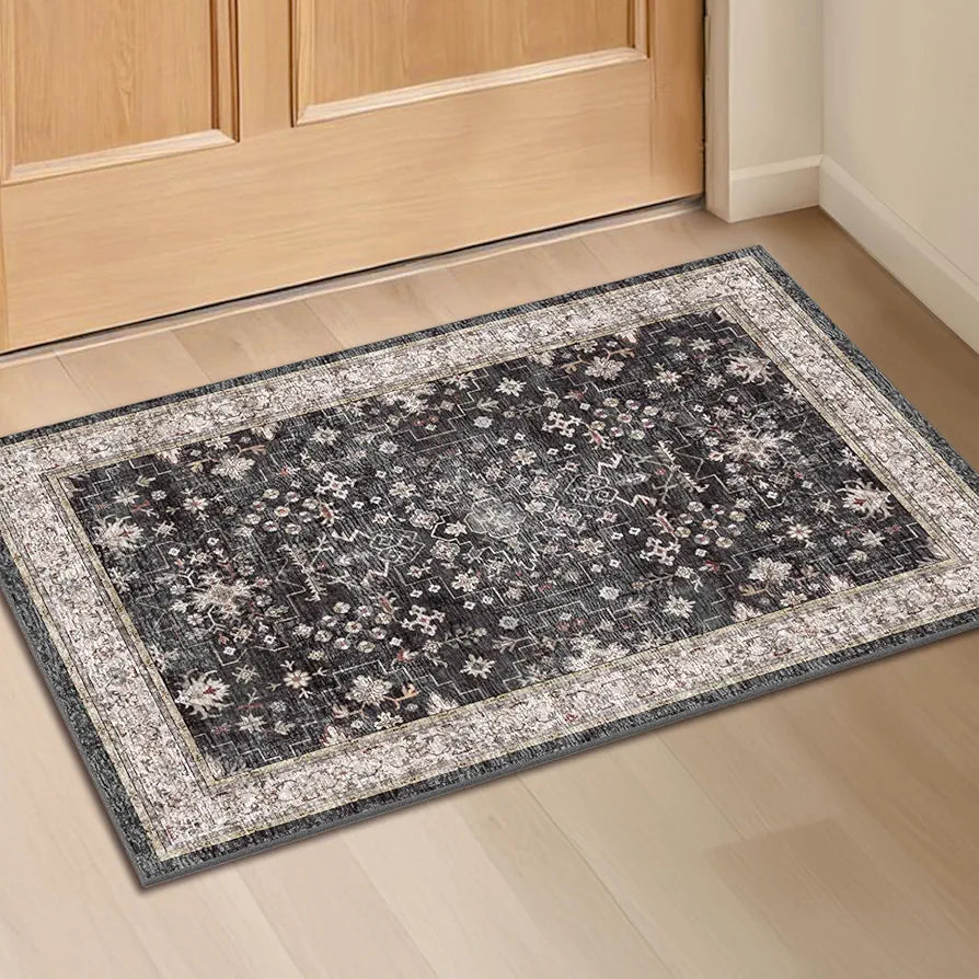 Ashen Charcoal Floral Washable 2x3 Entryway Rug with Non-Slip Rubber Backing
