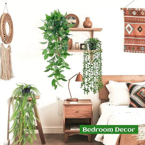 4-Piece Artificial Hanging Plant Set: Ivy, Eucalyptus, Boston Fern, and String of Pearls for Indoor and Outdoor Decor
