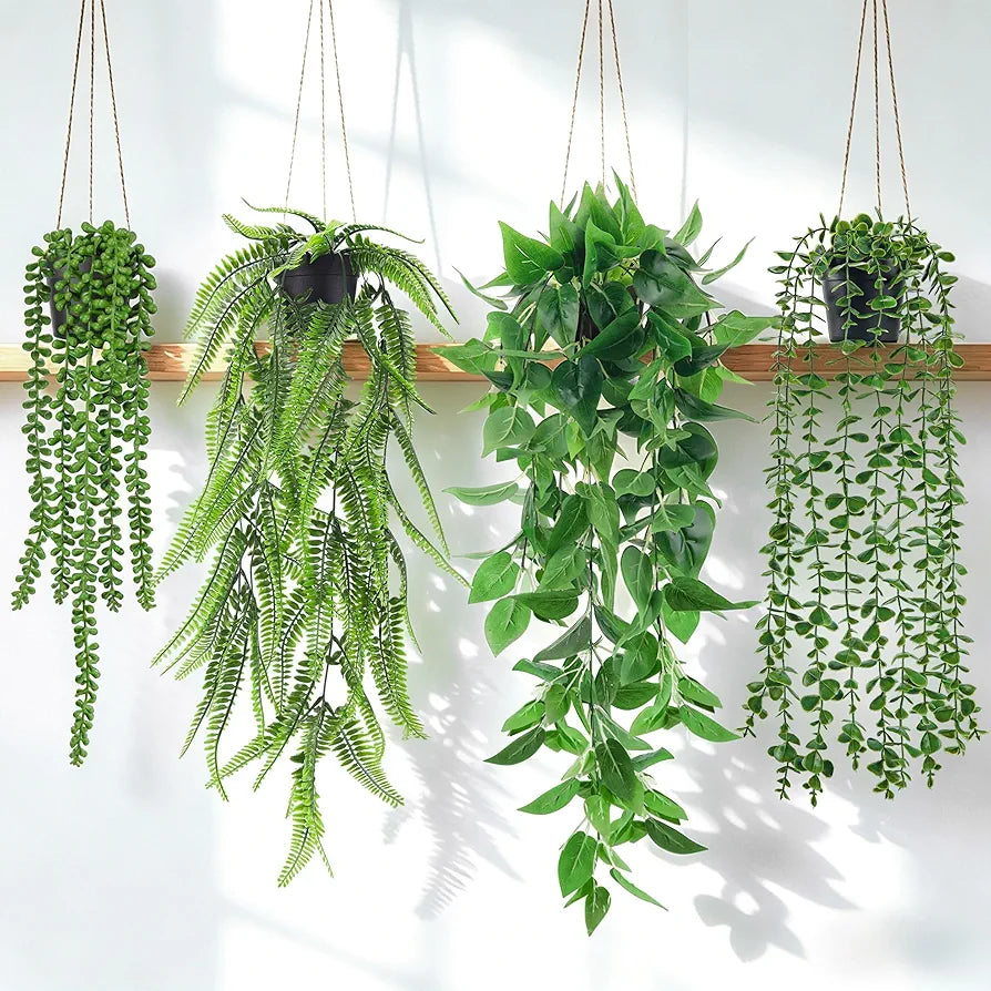 4-Piece Artificial Hanging Plant Set: Ivy, Eucalyptus, Boston Fern, and String of Pearls for Indoor and Outdoor Decor