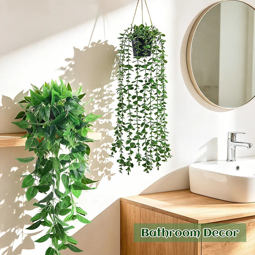 4-Piece Artificial Hanging Plant Set: Ivy, Eucalyptus, Boston Fern, and String of Pearls for Indoor and Outdoor Decor