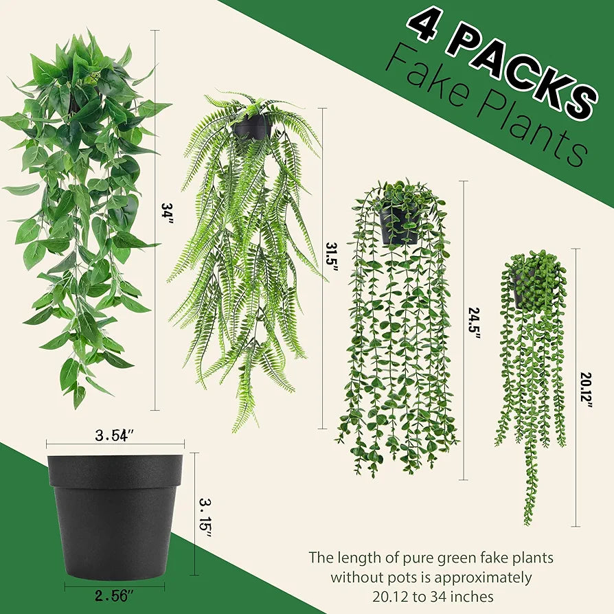 4-Piece Artificial Hanging Plant Set: Ivy, Eucalyptus, Boston Fern, and String of Pearls for Indoor and Outdoor Decor