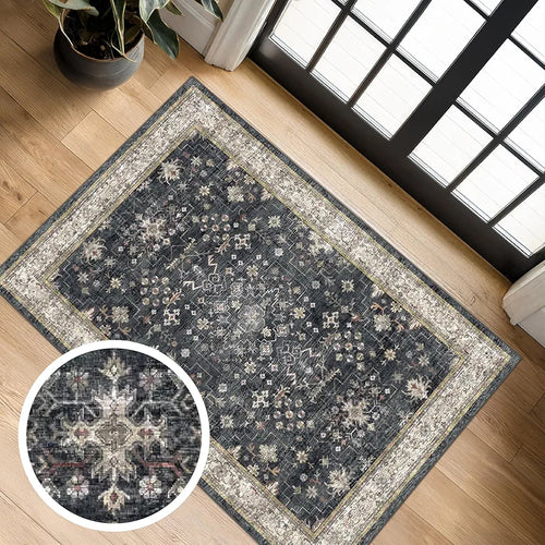 Ashen Charcoal Floral Washable 2x3 Entryway Rug with Non-Slip Rubber Backing
