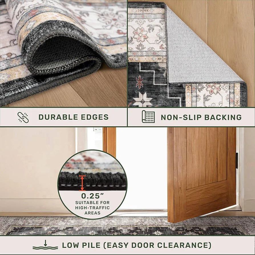 Ashen Charcoal Floral Washable 2x3 Entryway Rug with Non-Slip Rubber Backing